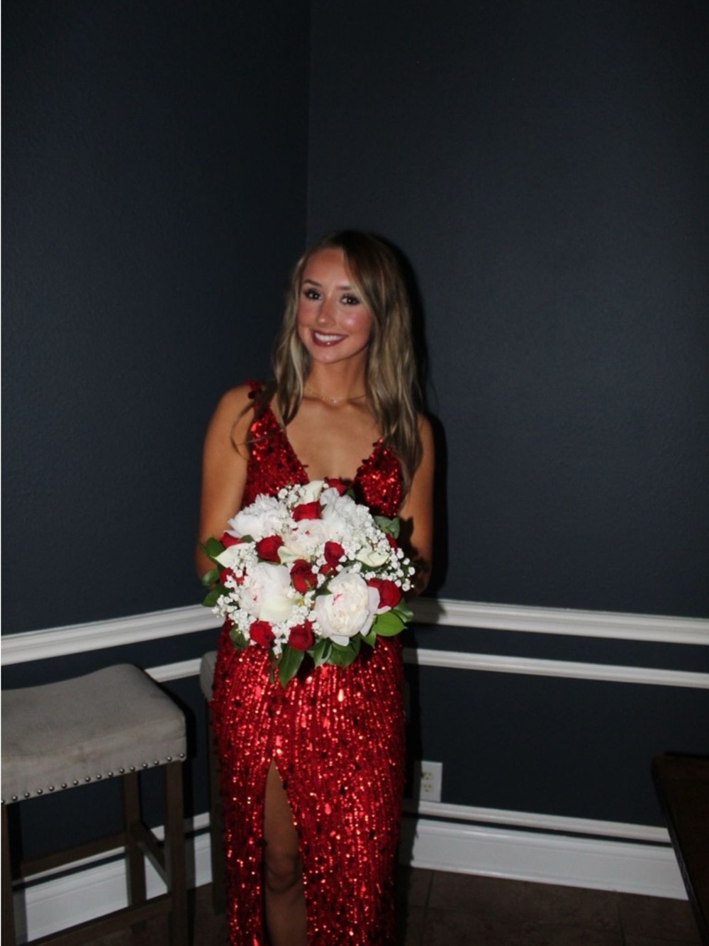 Sherri Hill Red Sequined V-Neck Prom Dress - Picture 4 of 12